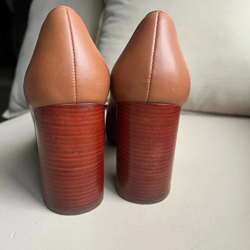 Tory Burch Janey Women 10.5 Tan Brown Leather Block Wood‎ Grain Heel Logo Pump